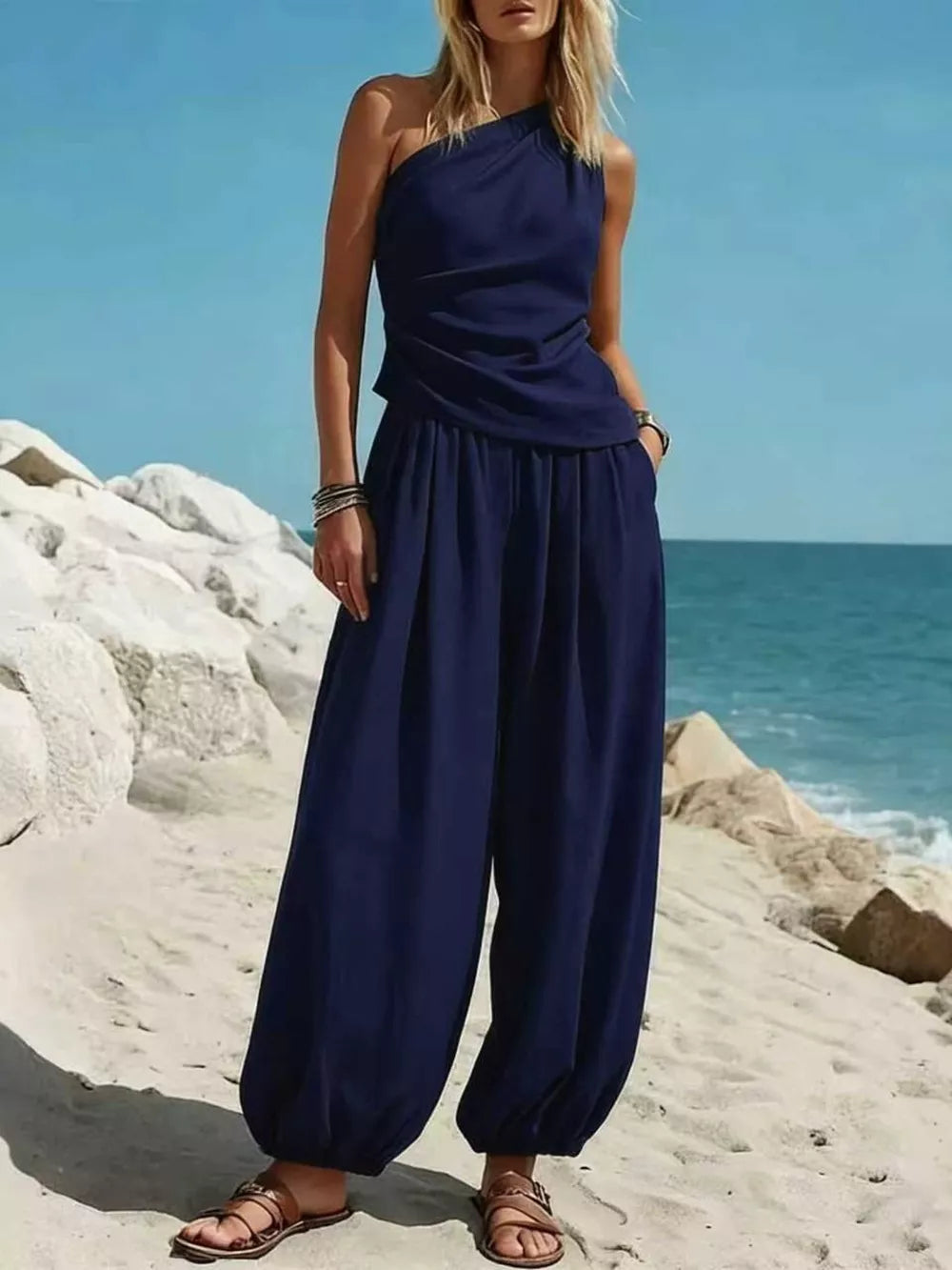 Draped One-shoulder Top & Wide-leg Pants Set