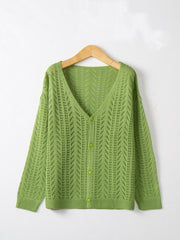 Green chevron knit lightweight cardigan with button-down front and V-neck.