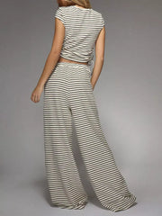 Off-white striped crop top and wide-leg pants set with adjustable tie detail