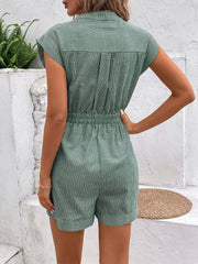Gum Leaf striped shiriting romper with cap sleeves and elastic waist tie detail.