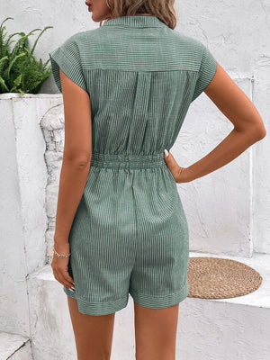 Gum Leaf striped shiriting romper with cap sleeves and elastic waist tie detail.