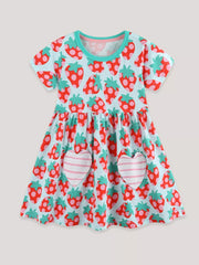 Baby girls' light blue cotton dress with a red strawberry print and pink striped heart pockets.