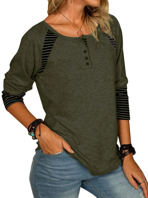 Army green raglan henley tee with button detail and striped sleeves