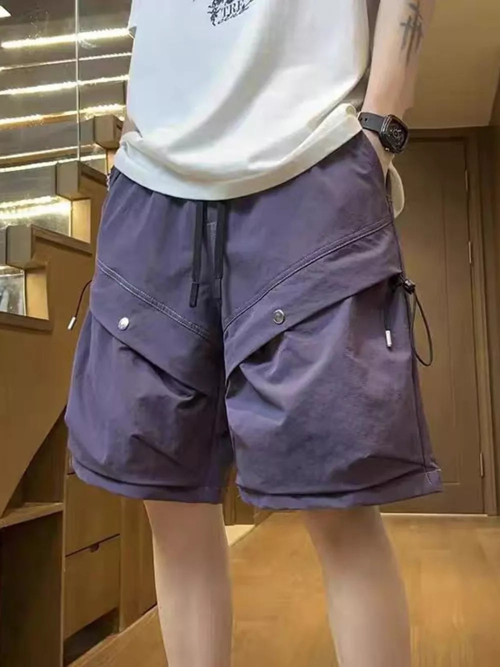 Mauve lightweight cargo shorts with drawstring and snap button pockets