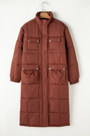 Brown quilted longline puffer coat with patch pockets and stand collar.