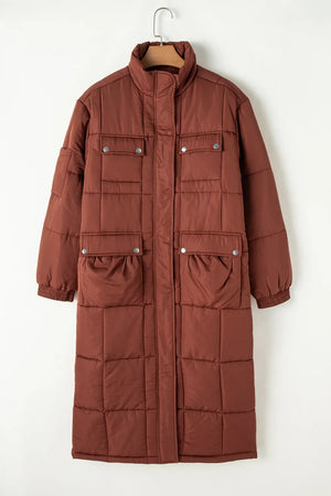 Brown quilted longline puffer coat with patch pockets and stand collar.