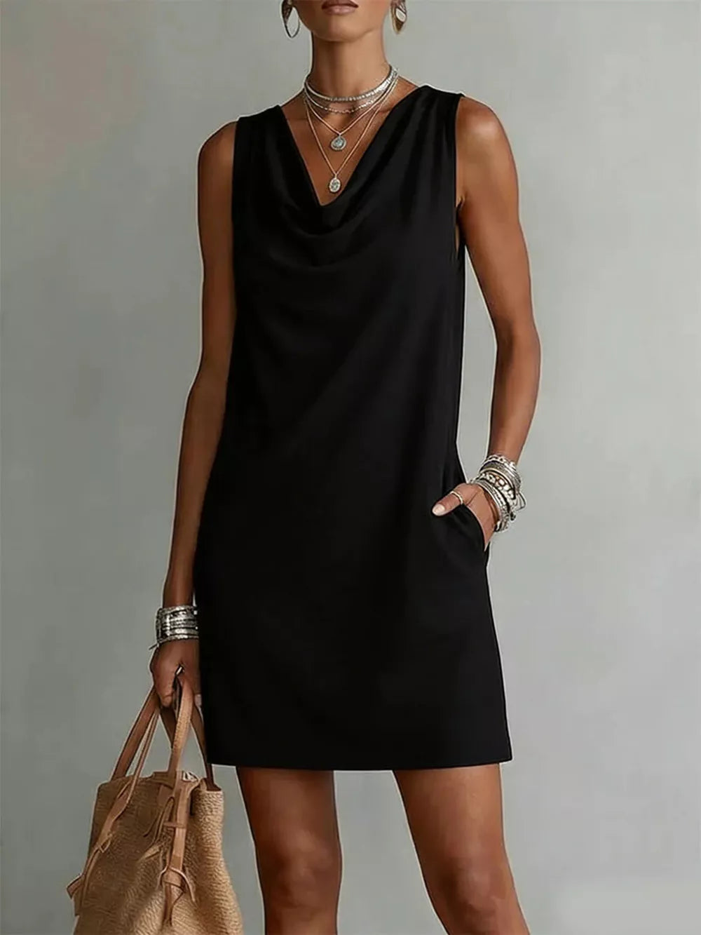 Chic Cowl Neck Mini Dress With Pockets