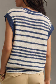 Nautical stripe knit vest in peacock blue with button details and a crew neck.