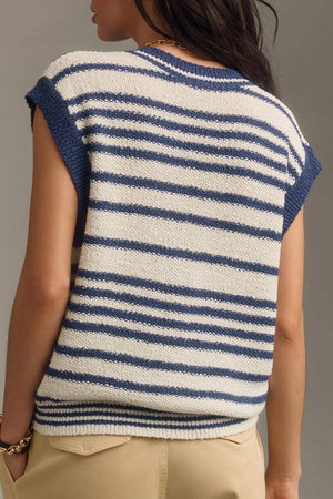 Nautical stripe knit vest in peacock blue with button details and a crew neck.