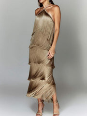 Camel halter neck maxi dress with tiered fringe detail