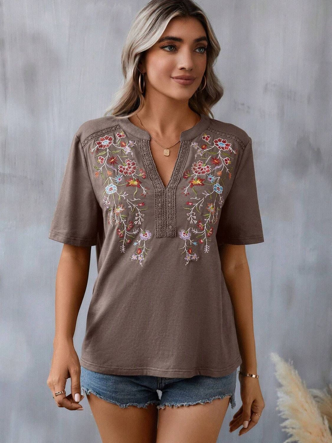 Taupe embroidered v-neck tee with crochet trim and short sleeves