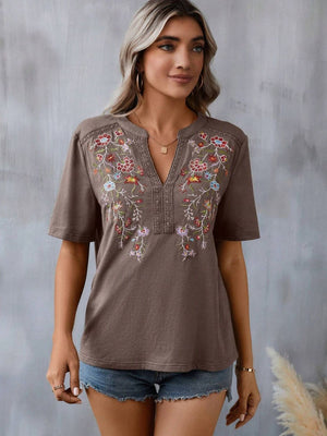 Taupe embroidered v-neck tee with crochet trim and short sleeves