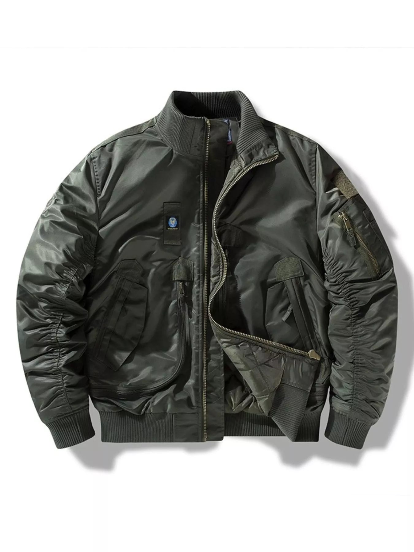 Men's military green full zip bomber jacket with ruched sleeves and zippered pockets.