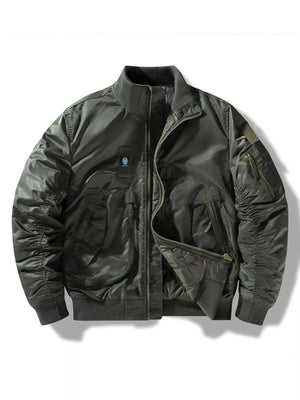 Men's military green full zip bomber jacket with ruched sleeves and zippered pockets.
