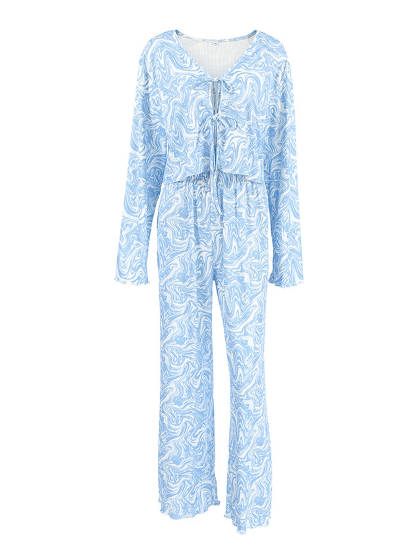 Blue and white marble print lace-up lounge set with drawstring pants and long sleeves.