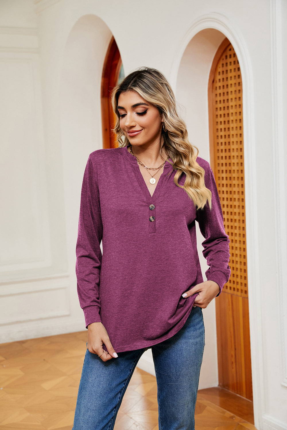Henley-inspired long sleeve top in Red-Violet with button detail and V-neck