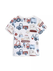 White cotton t-shirt with playful construction truck graphic print.