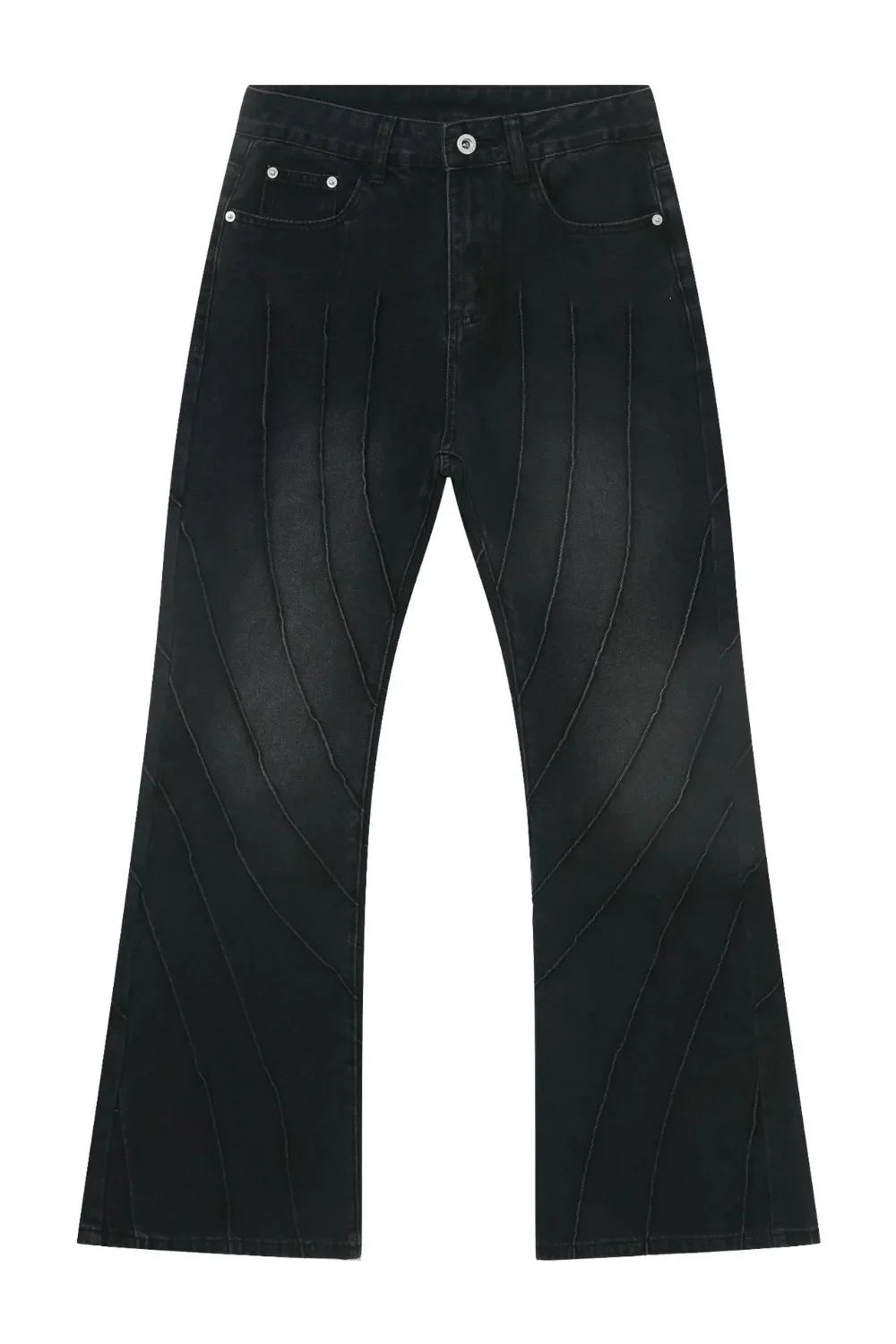 Dark wash denim flare jeans with chevron seam detailing.
