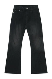 Dark wash denim flare jeans with chevron seam detailing.