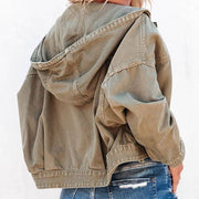 Hoodie with hood and utility details in a casual, buttoned style.