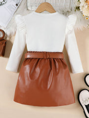 Toddler white ruffle sleeve top with brown faux leather skirt and belt