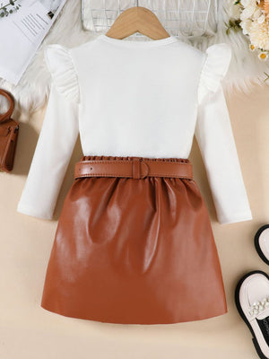 Toddler white ruffle sleeve top with brown faux leather skirt and belt