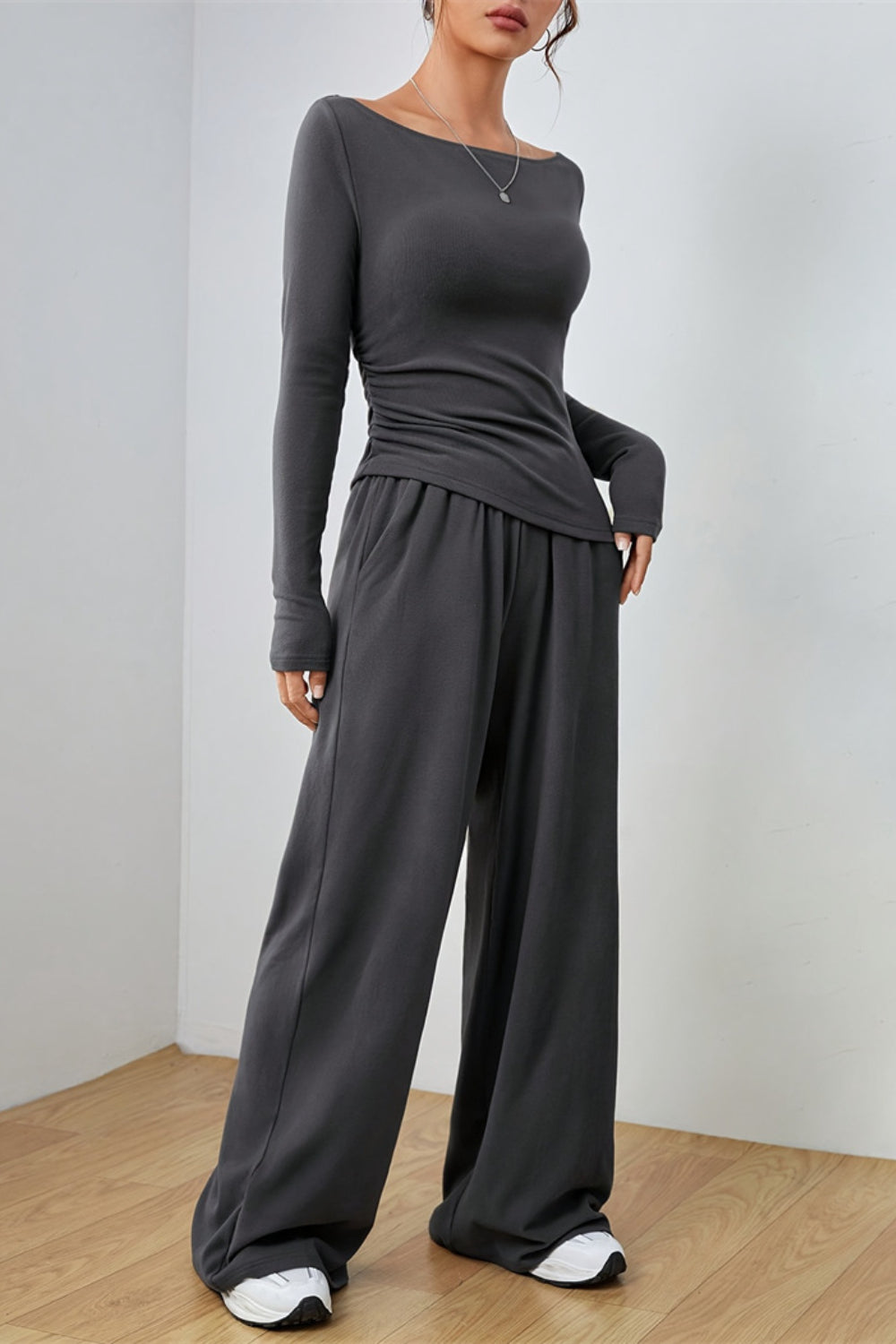 Dark Gray boat neck loungewear set with ruched side detail and wide leg pants.