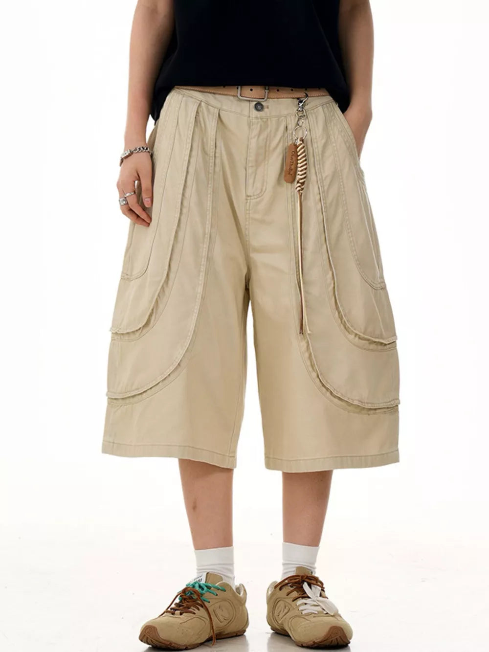 Men's Loose Fit Wide Leg Cargo Capris in Khaki, front view