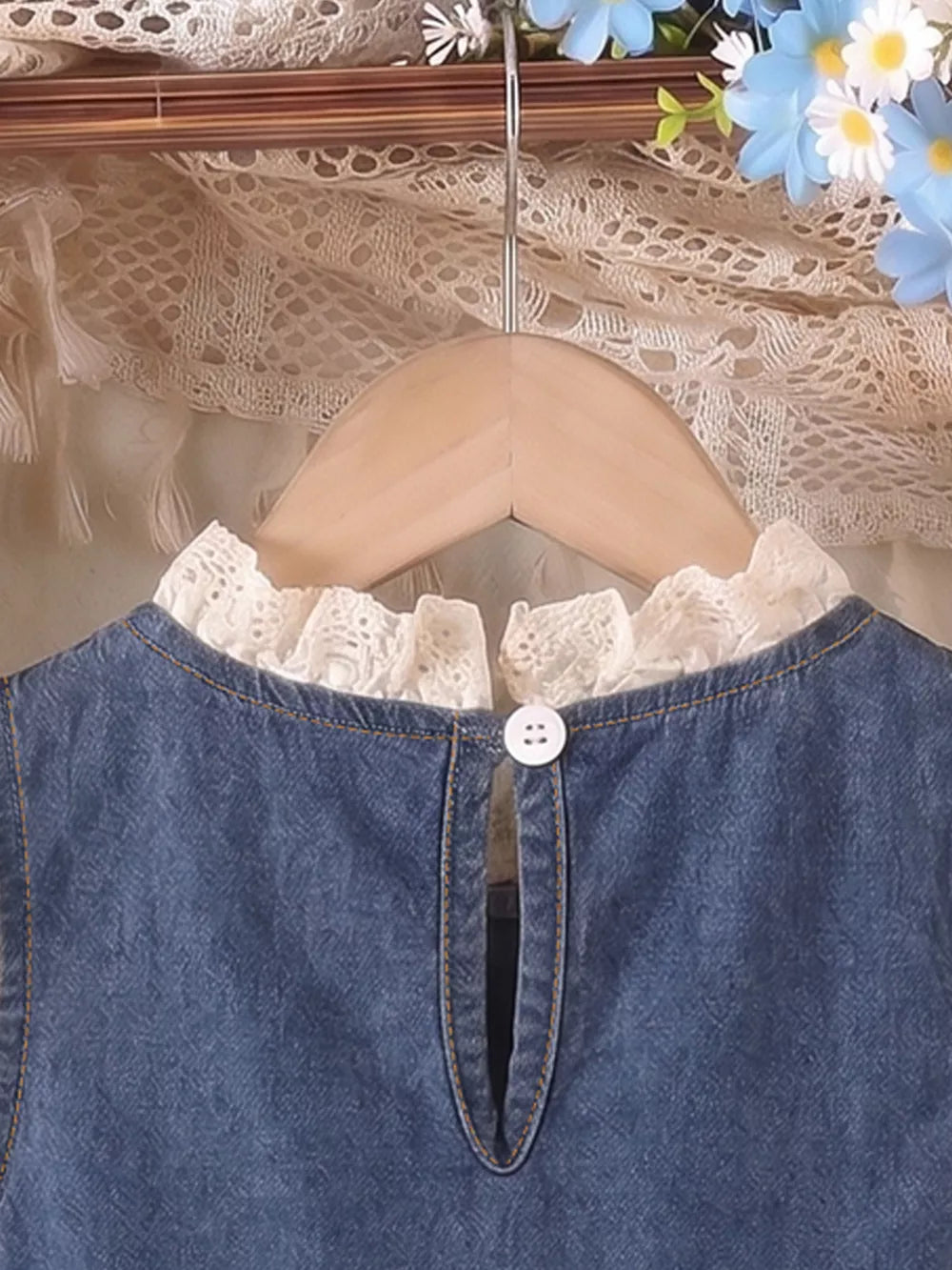 Children's Denim Cherry Applique Dress in Navy, back view
