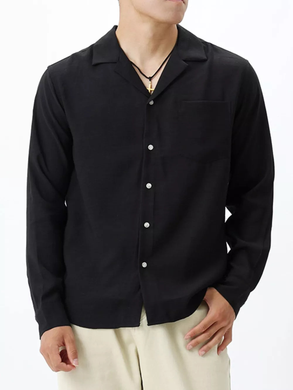 Black relaxed camp collar button-up shirt with chest pocket