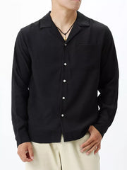 Black relaxed camp collar button-up shirt with chest pocket