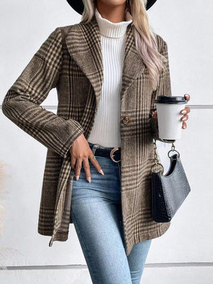 Brown plaid single-button tailored overcoat with notched lapels and a single button closure.