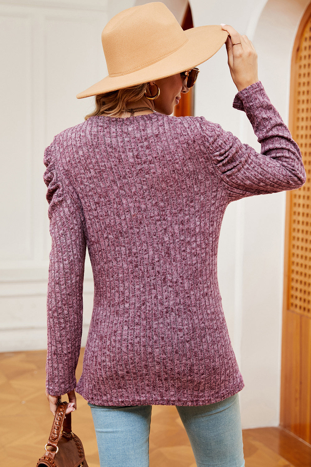 Textured knit blouse in Red-Violet with ruched sleeve detail and a ribbed finish.
