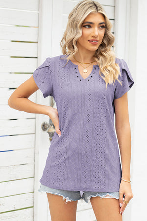 Lavender eyelet flutter sleeve blouse with V-neck and grommet detail