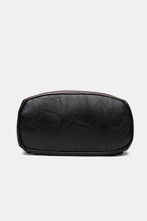 Black structured leather convertible backpack, top view detail
