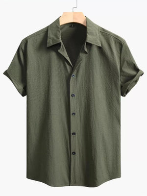 Army green textured cotton Cuban collar casual shirt with button-down front and cuffed short sleeves.