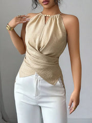 Apricot gathered neck crisscross wrap cami with beaded detail and side slits