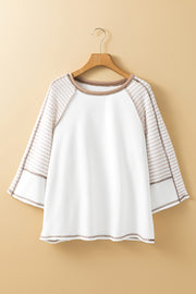 Textured raglan sleeve tee in white with brown trim and striped sleeves.