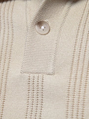Beige textured ribbed knit polo shirt with a single button closure.