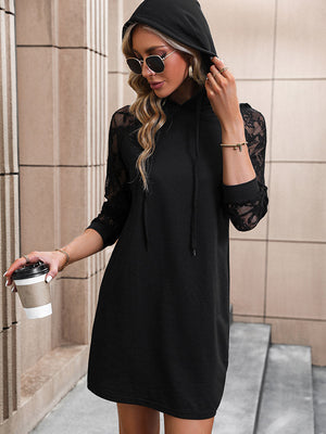 Black lace sleeve hooded mini dress with drawstring and casual cut.