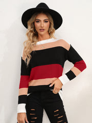 Colorblock crewneck sweater in acrylic with horizontal stripes of white, peach, black, and burgundy.