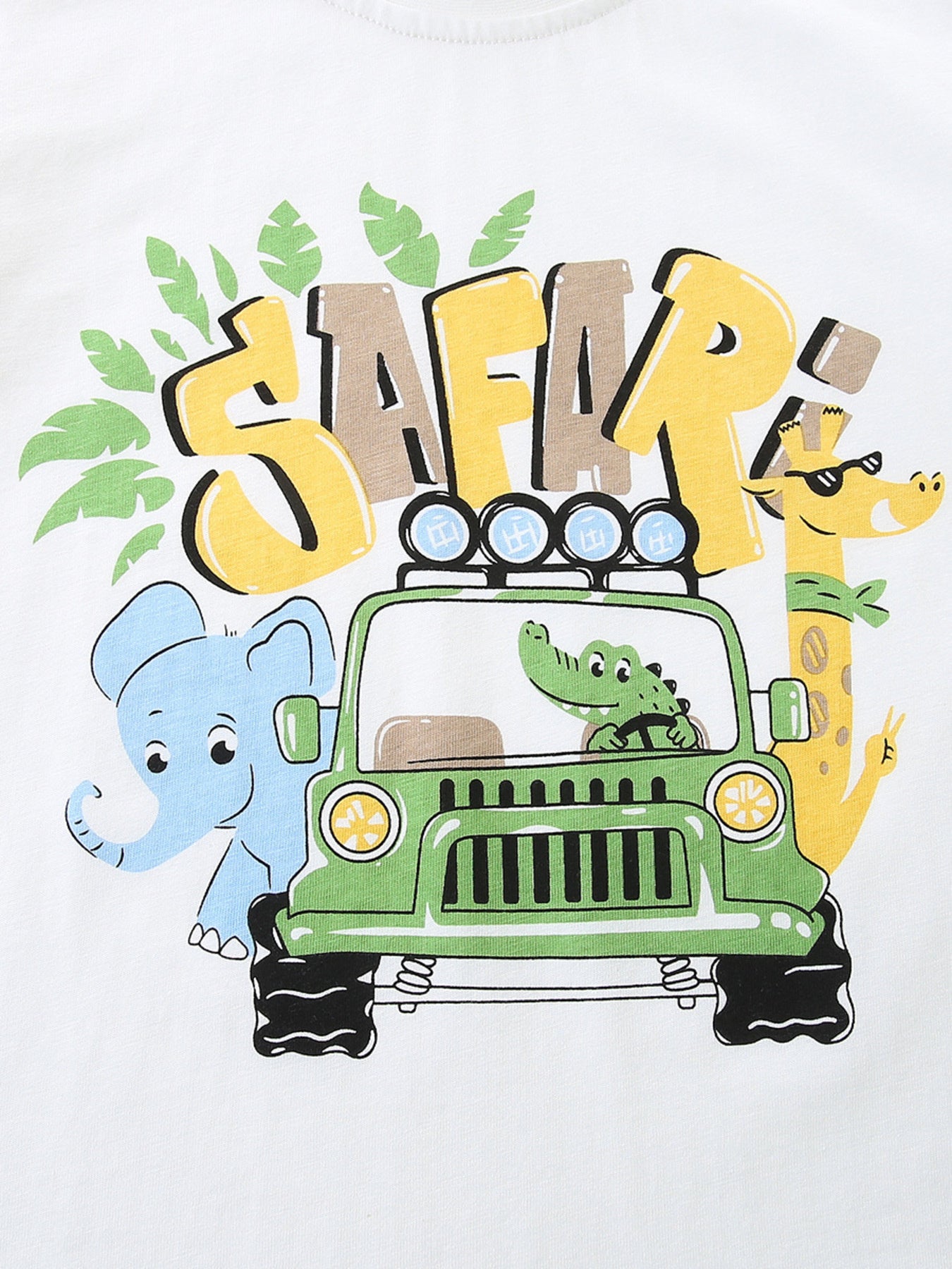 White cotton t-shirt with playful safari graphic featuring animals in a jeep.