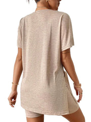 Tan tee with short sleeves and side slits, paired with matching shorts.