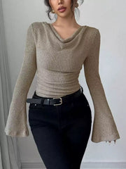 Khaki ribbed asymmetrical cowl neck top with flared sleeves