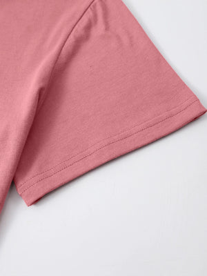 Pink short sleeve t-shirt with double-stitched hem detail.