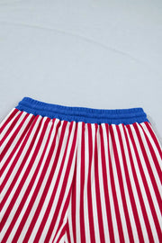 Red and white striped cotton lounge pants with blue drawstring waist