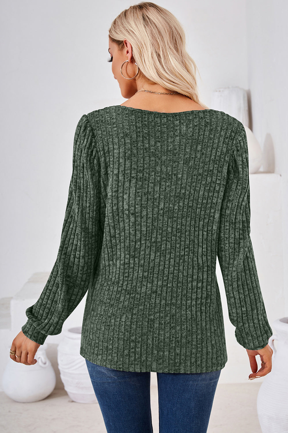 Puffed sleeve ribbed square neck top in Matcha Green with long sleeves.