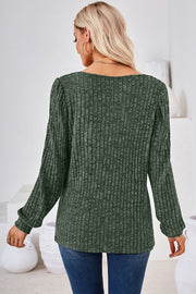 Puffed sleeve ribbed square neck top in Matcha Green with long sleeves.