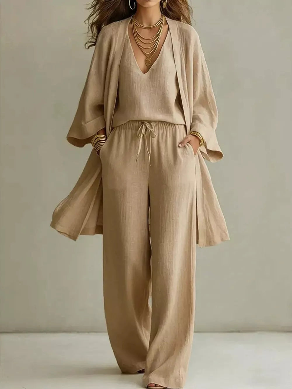 Relaxed V-neck Top And Cardigan Set