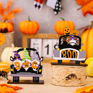 Halloween gnome car tableau set with multicolor gnomes and pumpkins, reads BOO.